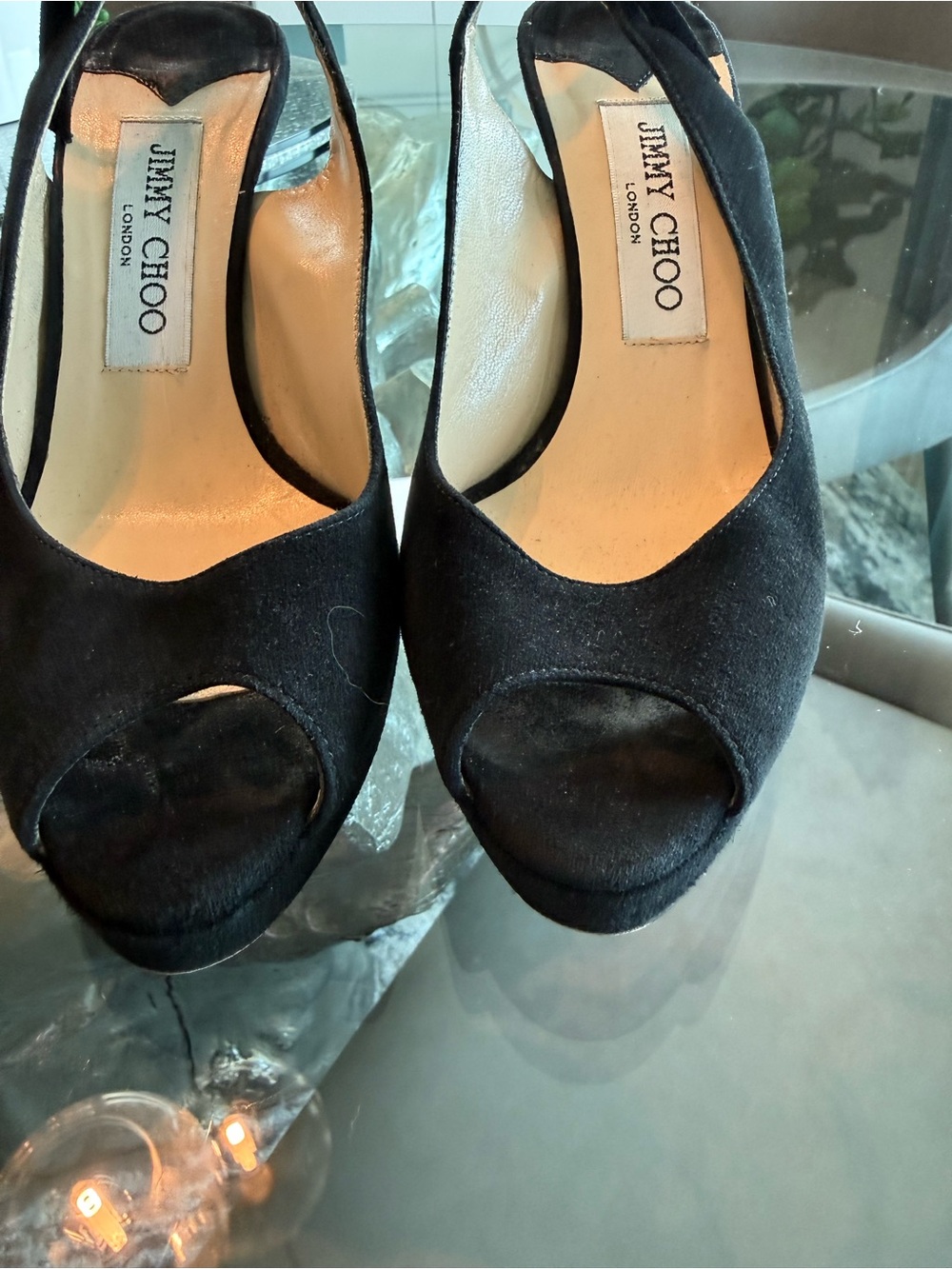 Jimmy Choo Black Suede Peep-Toe Slingback Heels - Picture 5 of 7